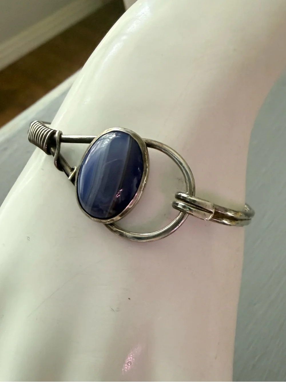 925 Sterling Silver Hook Bangle Bracelet Blue Cat eye Oval Stone